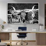15425553-MGV-CV-36X24-Western Wall Art – Longhorn Cattle Black and White Canvas Print, Rustic Ranch Photography Decor for Bedroom, Living Room, Office,