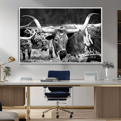 15425553-MGV-CV-36X24-Western Wall Art – Longhorn Cattle Black and White Canvas Print, Rustic Ranch Photography Decor for Bedroom, Living Room, Office,