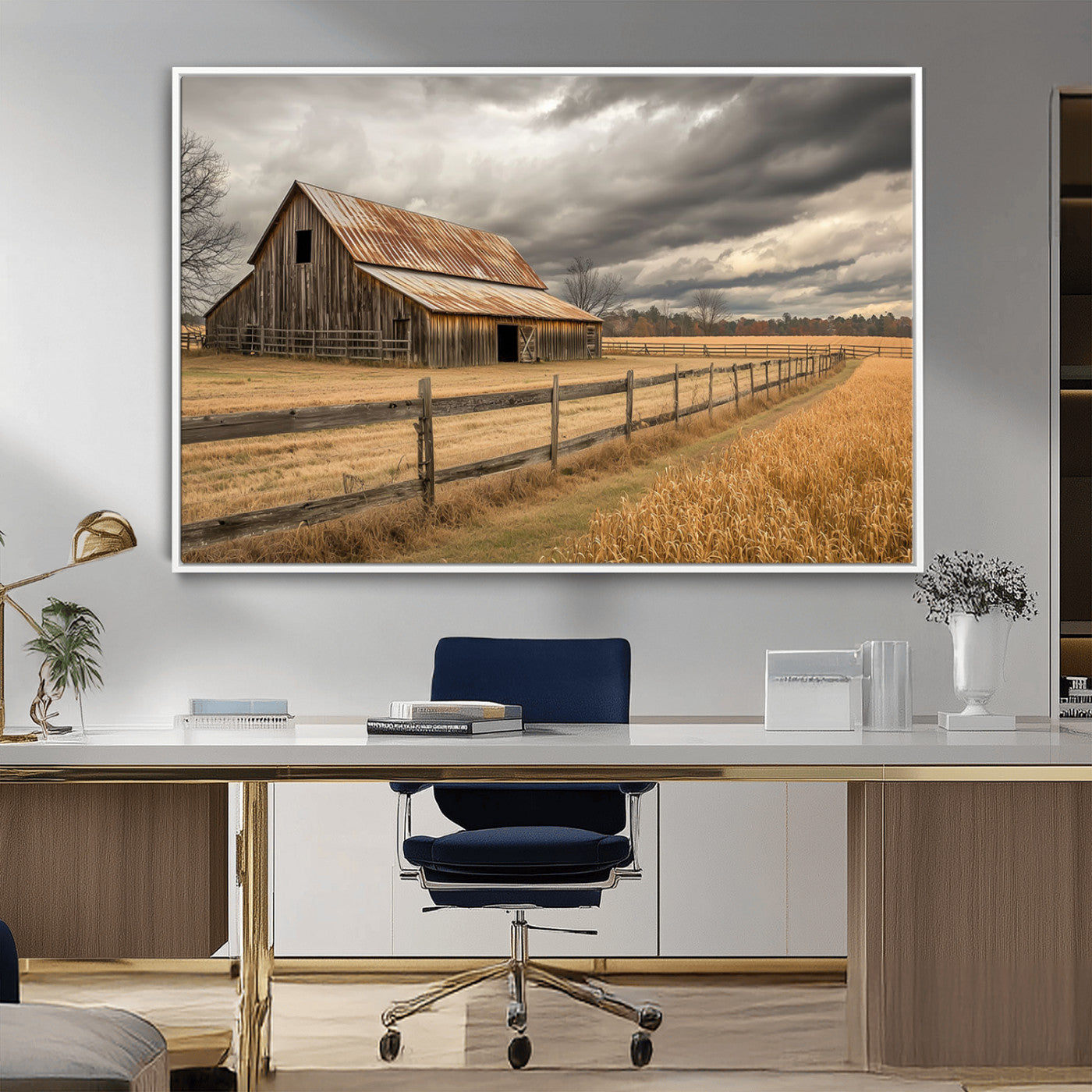 21991117-MGV-CV-36X24-Rustic Barn Wall Art – Weathered Farmhouse Canvas Print, Stormy Sky and Golden Field Photography Decor for Bedroom, Living Room,