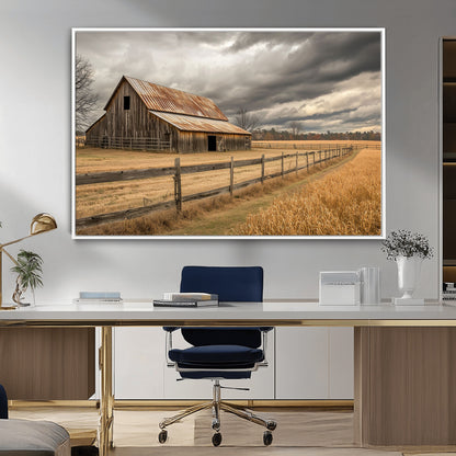 21991117-MGV-CV-36X24-Rustic Barn Wall Art – Weathered Farmhouse Canvas Print, Stormy Sky and Golden Field Photography Decor for Bedroom, Living Room,