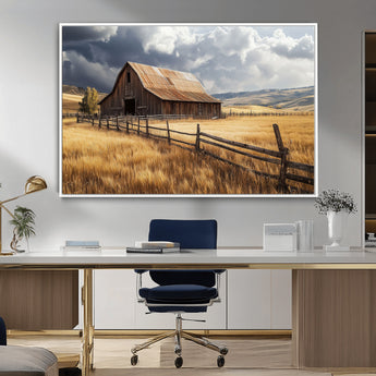 23718739-MGV-CV-36X24-Farmhouse Wall Art – Rustic Barn and Golden Wheat Field Canvas Print, Country Landscape Photography Decor for Bedroom, Living