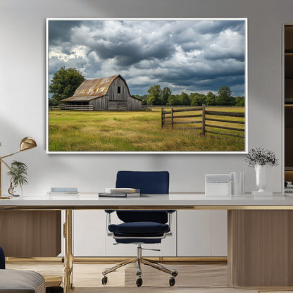 39409517-MGV-CV-36X24-Rustic Barn Wall Art – Weathered Farmhouse and Storm Clouds Canvas Print, Country Landscape Photography Decor for Bedroom, Living