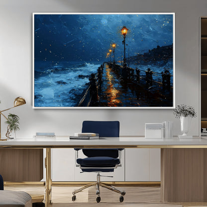 48300530-MGV-CV-36X24-Dark Stormy Pier Canvas Wall Art – Moody Ocean Night Scene with Street Lamps, Blue Coastal Seascape Print for Bedroom, Office, or