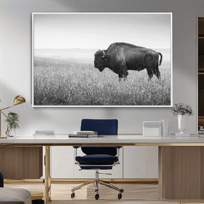 90861202-MGV-CV-36X24-Black and White Bison Canvas Wall Art – Rustic American Buffalo Print, Western Wildlife Photography for Farmhouse, Cabin, Office