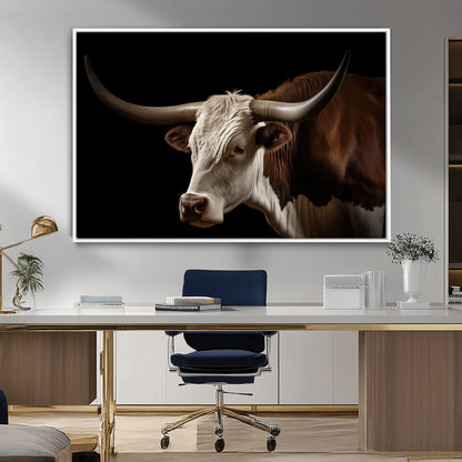 27414857-MGV-CV-36X24-Texas Longhorn Bull Canvas Wall Art – Rustic Western Farmhouse Decor, Brown & White Cow Portrait, Animal Print for Ranch Home