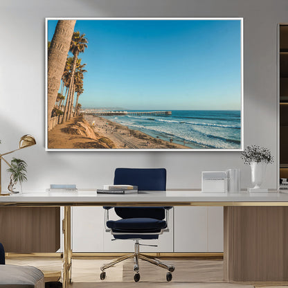 92568259-MGV-CV-36X24-California Beach Wall Art – Palm Tree Pier Canvas Print, Coastal Ocean Photography Seaside Decor for Living Room, Bedroom, Office,