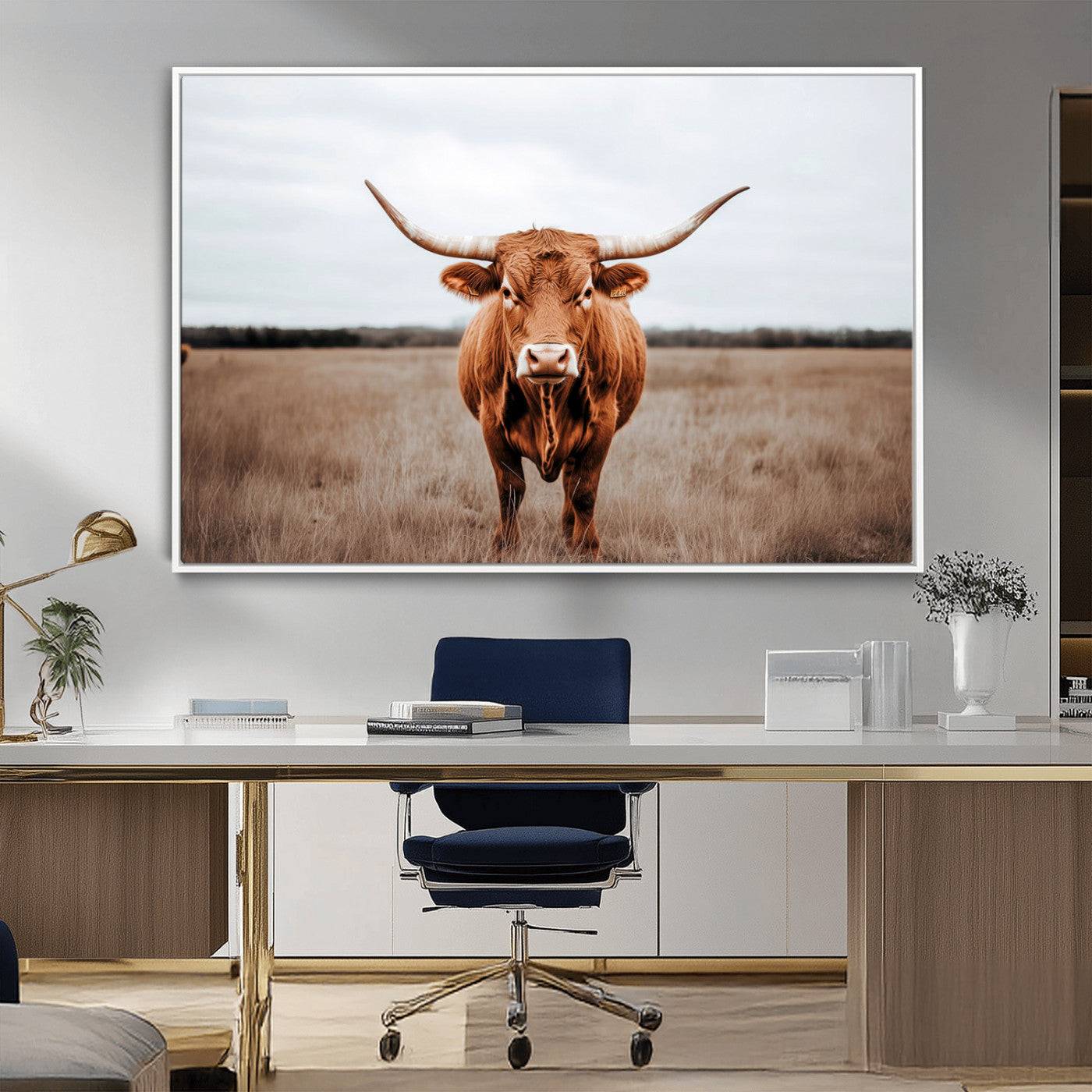 16316734-MGV-CV-36X24-Texas Longhorn Wall Art – Rustic Bull Portrait Canvas Print, Western Farmhouse Animal Photography Decor for Living Room, Office,