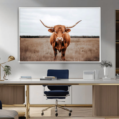 16316734-MGV-CV-36X24-Texas Longhorn Wall Art – Rustic Bull Portrait Canvas Print, Western Farmhouse Animal Photography Decor for Living Room, Office,