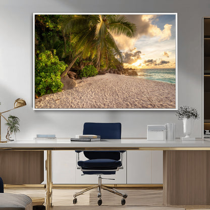 89531159-MGV-CV-36X24-Tropical Beach Sunset Canvas Wall Art – Palm Trees Golden Sand Ocean Waves Coastal Paradise Print for Beach House Bedroom Bathroom