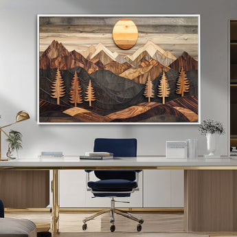 90044381-MGV-CV-36X24-Rustic Wall Art – Wooden Mountain Landscape with Sun and Pine Trees, Handcrafted Nature Canvas Style Decor for Bedroom, Living