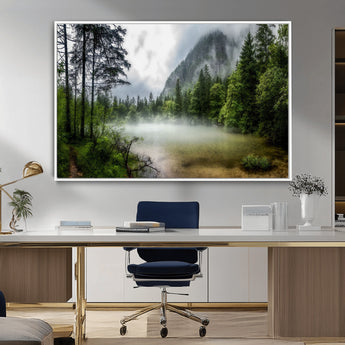 93123937-MGV-CV-36X24-Landscape Wall Art – Misty Mountain Lake Canvas Print, Tranquil Forest and Waterfall Photography Decor for Bedroom, Living Room,