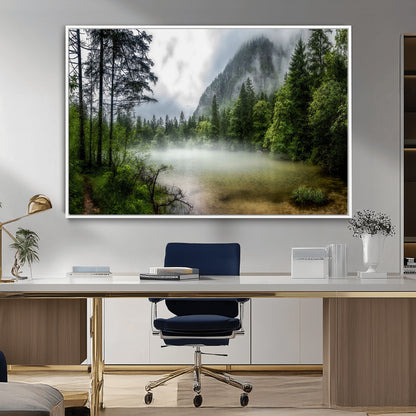 93123937-MGV-CV-36X24-Landscape Wall Art – Misty Mountain Lake Canvas Print, Tranquil Forest and Waterfall Photography Decor for Bedroom, Living Room,