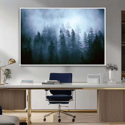 93439624-MGV-CV-36X24-Forest Wall Art – Misty Pine Trees Canvas Print, Moody Nature Photography Decor for Bedroom, Living Room, Office, Cabin, Lodge or