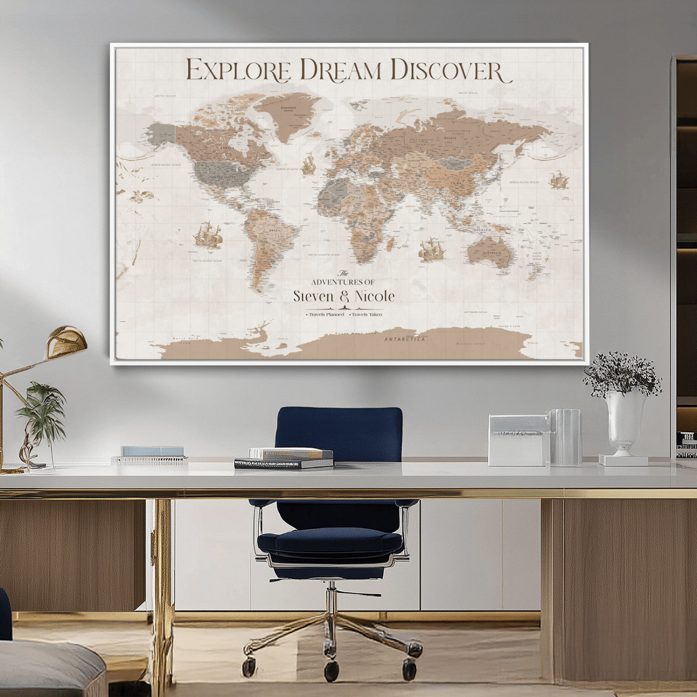 56148717-MGV-CV-36X24-Personalized World Map Wall Art – Neutral Beige & Brown Vintage Adventure Travel Map with Custom Couple Names, Classic Wall Decor