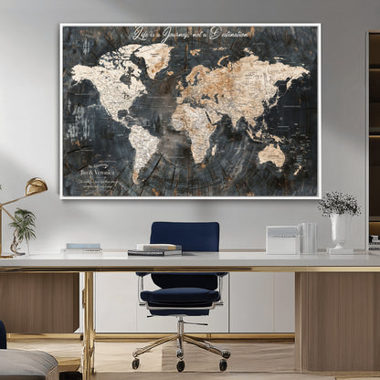 55548943-MGV-CV-36X24-Personalized World Map Wall Art – Rustic Wood Texture Adventure Travel Map with Custom Couple Names, Vintage Dark Wall Decor for