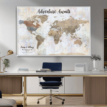 30792405-MGV-CV-36X24-Personalized World Map Wall Art – Rustic Beige Adventure Travel Map with Custom Couple Names, Vintage Wall Decor for Home or
