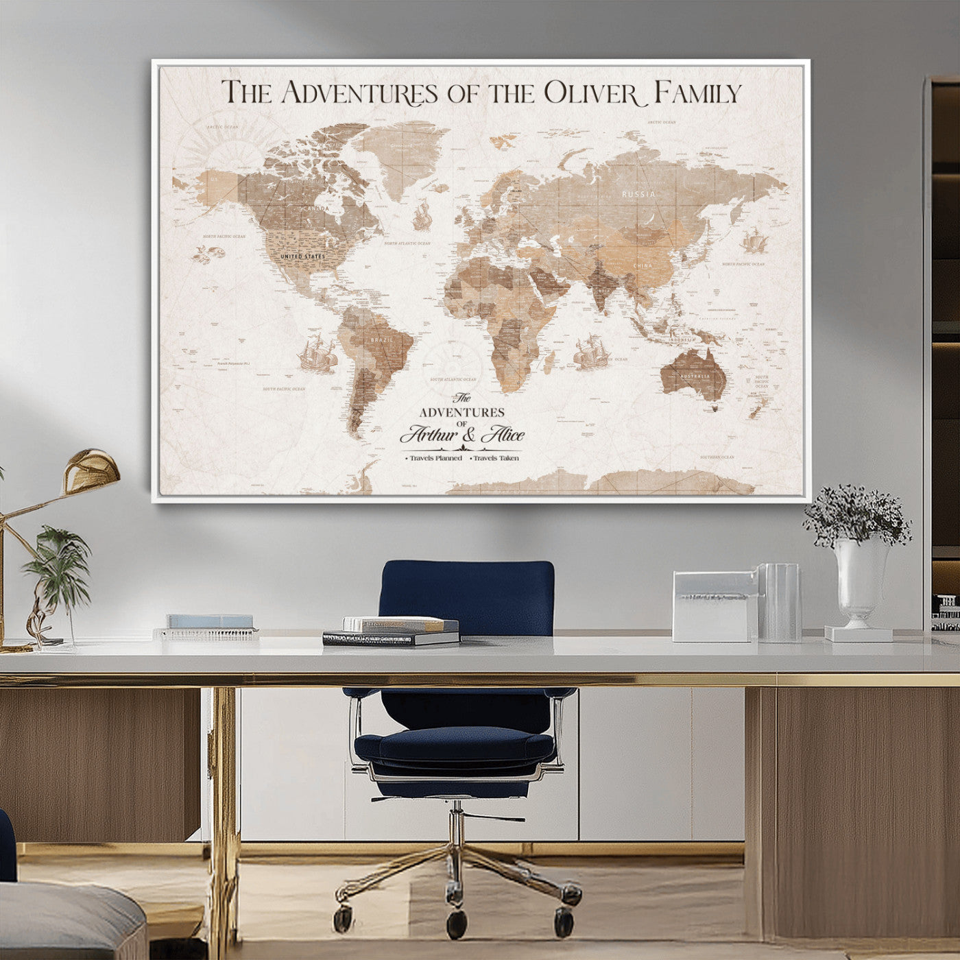 43869621-MGV-FC-36X24_White-Personalized World Map Wall Art – Light Beige Sepia Adventure Travel Map with Custom Family or Couple Names, Rustic Wall Decor for