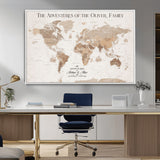 43869621-MGV-FC-36X24_White-Personalized World Map Wall Art – Light Beige Sepia Adventure Travel Map with Custom Family or Couple Names, Rustic Wall Decor for