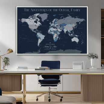 76726424-MGV-CV-36X24-Personalized World Map Wall Art – Navy Blue & Grey Adventure Travel Map with Custom Family or Couple Names, Modern Wall Decor for