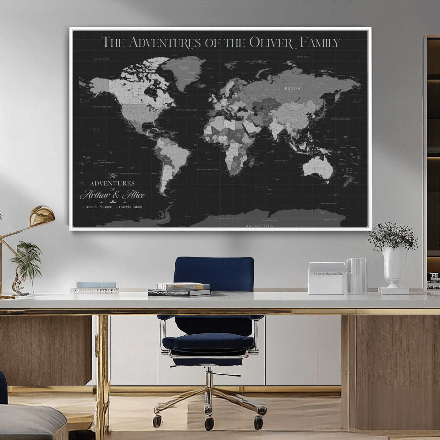 46064114-MGV-CV-36X24-Personalized World Map Wall Art – Black & Grey Adventure Travel Map with Custom Family or Couple Names, Modern Wall Decor for Home