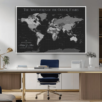 46064114-MGV-CV-36X24-Personalized World Map Wall Art – Black & Grey Adventure Travel Map with Custom Family or Couple Names, Modern Wall Decor for Home
