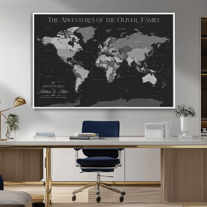 46064114-MGV-CV-36X24-Personalized World Map Wall Art – Black & Grey Adventure Travel Map with Custom Family or Couple Names, Modern Wall Decor for Home