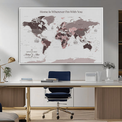 33204797-MGV-CV-36X24-Personalized World Map Wall Art – Burgundy & Grey Adventure Travel Map with Custom Names, Romantic Wall Decor for Couples, Home or