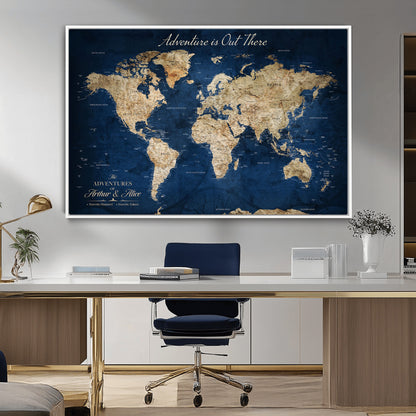 71052542-MGV-CV-36X24-Personalized World Map Wall Art – Rustic Navy Blue Adventure Travel Map with Custom Couple Names, Vintage Wall Decor for Home or