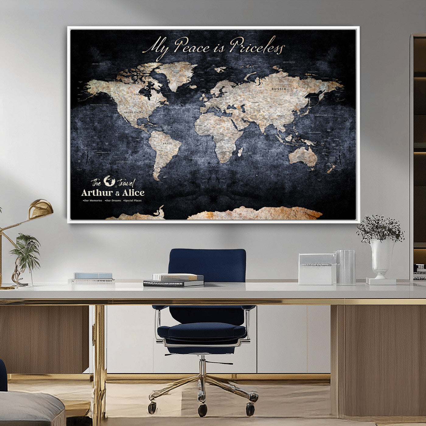 85403043-MGV-FC-36X24_White-Personalized World Map Wall Art – Dark Blue Rustic Adventure Map with Custom Couple Names, Vintage Wall Decor for Home or Travel