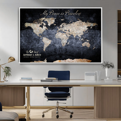 85403043-MGV-FC-36X24_White-Personalized World Map Wall Art – Dark Blue Rustic Adventure Map with Custom Couple Names, Vintage Wall Decor for Home or Travel