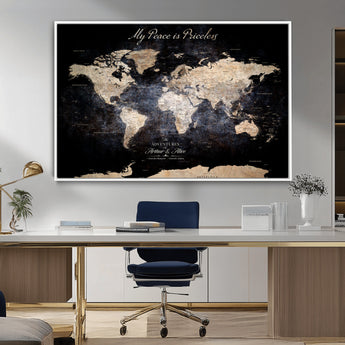 51488142-MGV-CV-36X24-Personalized World Map Wall Art – Dark Rustic Adventure Travel Map with Custom Names, Vintage Wall Decor for Couples, Families or