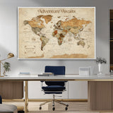 18685073-MGV-FC-36X24_White-Personalized World Map Wall Art – Antique Vintage Parchment Adventure Awaits Travel Map with Custom Couple Names, Rustic Wall