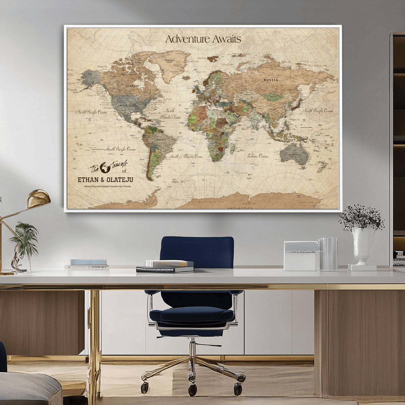 62766900-MGV-CV-36X24-Personalized World Map Wall Art – Antique Parchment Adventure Travel Map with Custom Couple Names, Rustic Wall Decor for Home,