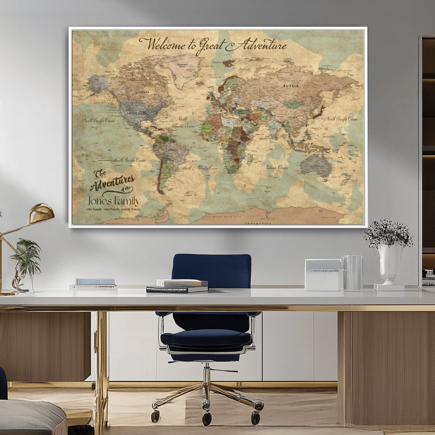 32019746-MGV-CV-36X24-Personalized World Map Wall Art – Vintage Camo Adventure Travel Map with Custom Family Names, Rustic Wall Decor for Couples, Home