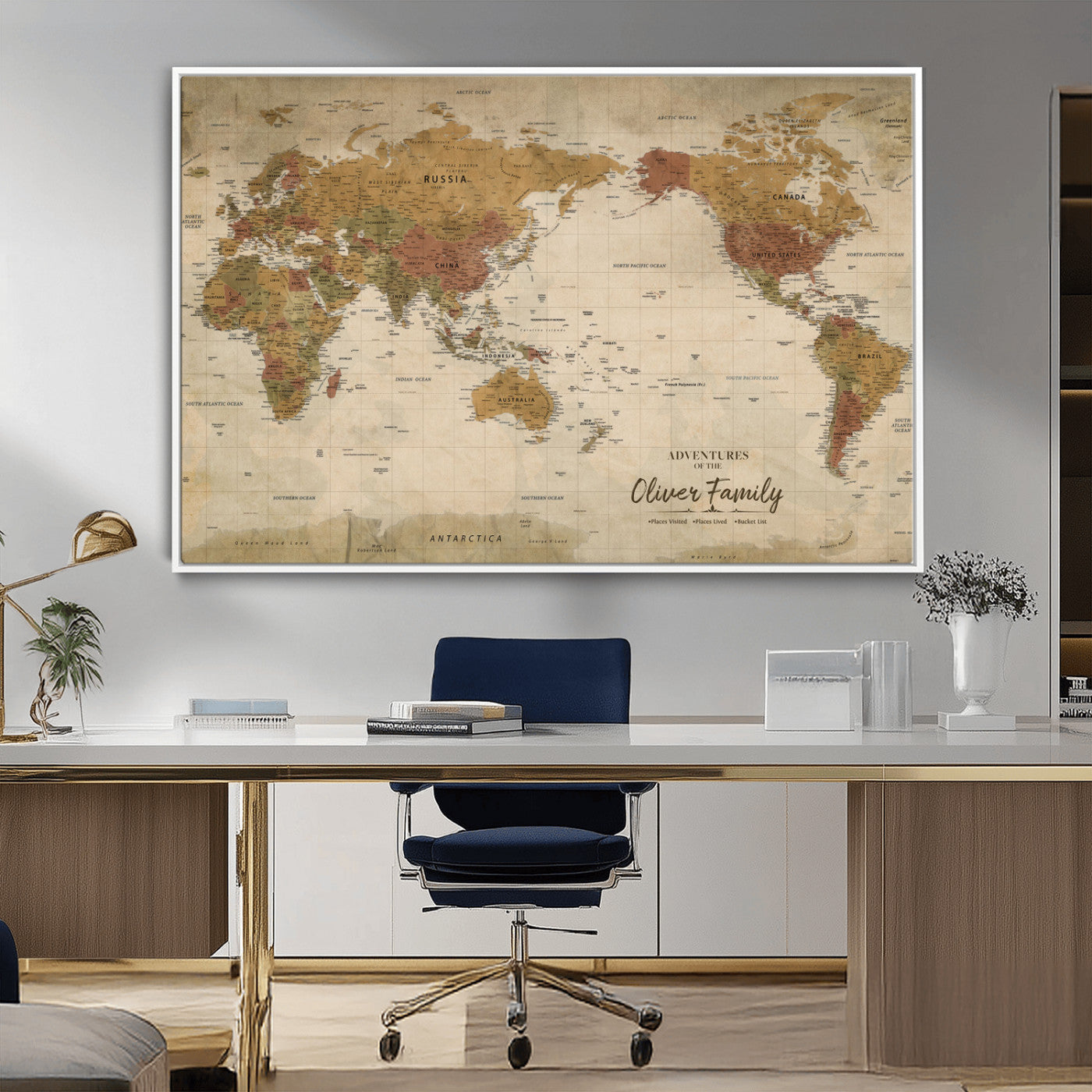 31874045-MGV-CV-36X24-Personalized World Map Wall Art – Vintage Earth Tone Adventure Map with Custom Family Names, Rustic Travel Decor for Home, Couples