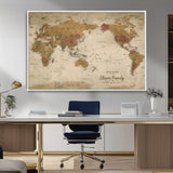 31874045-MGV-CV-36X24-Personalized World Map Wall Art – Vintage Earth Tone Adventure Map with Custom Family Names, Rustic Travel Decor for Home, Couples