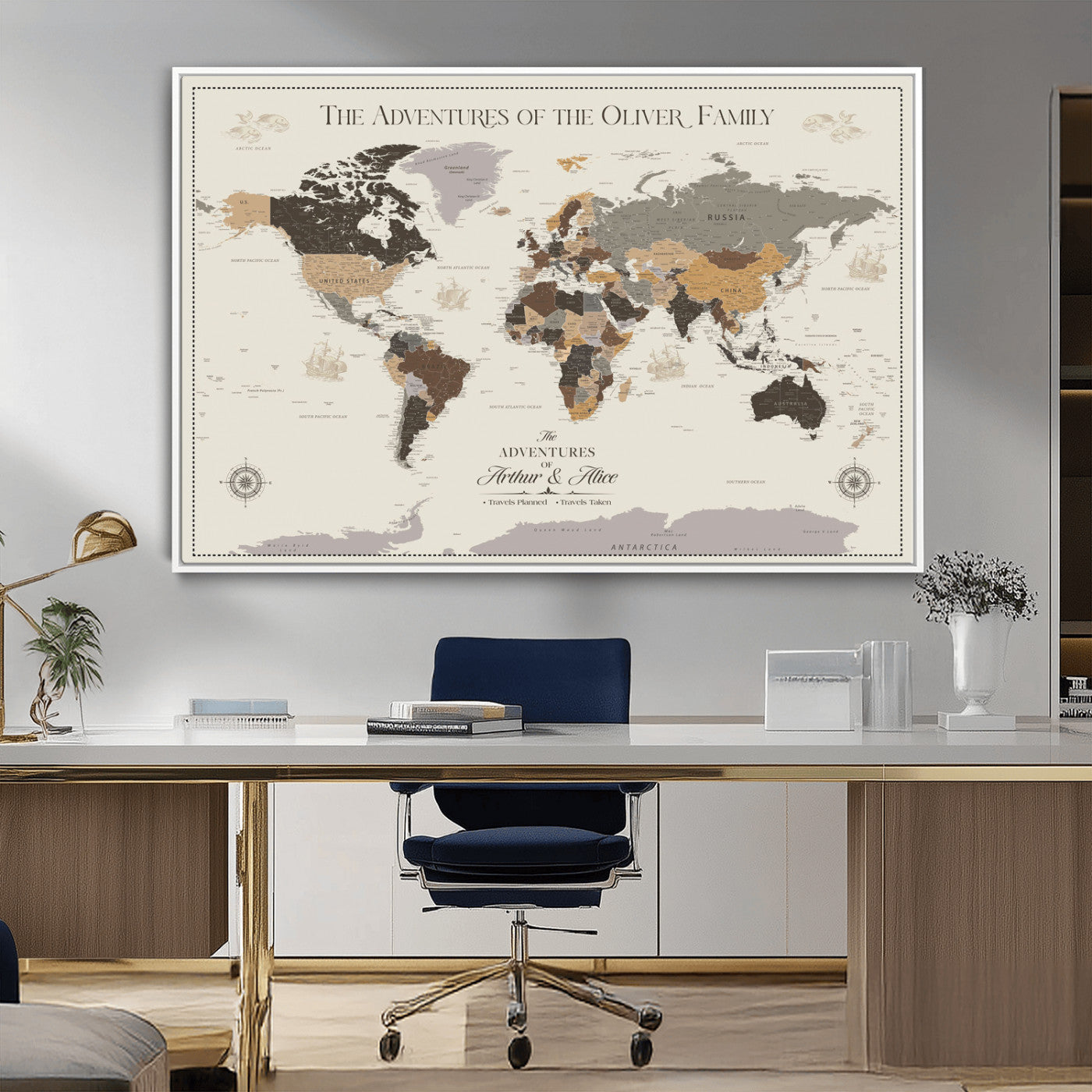 40679469-MGV-CV-36X24-Personalized World Map Wall Art – Neutral Tones Adventure Travel Map with Custom Family Names, Rustic Wall Decor for Living Room