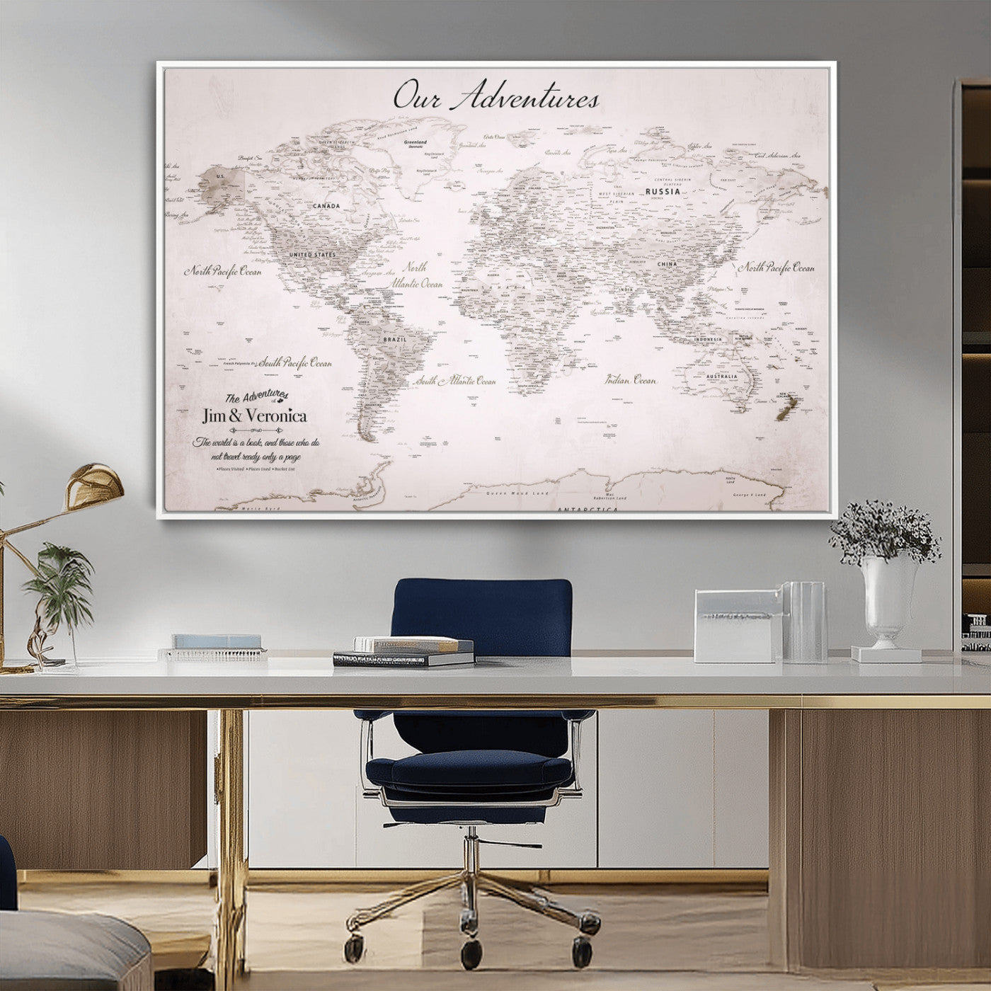 11706567-MGV-CV-36X24-Personalized World Map Wall Art – Minimalist Beige Adventure Travel Map with Custom Names, Elegant Push Pin Canvas for Couples,