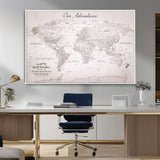 11706567-MGV-CV-36X24-Personalized World Map Wall Art – Minimalist Beige Adventure Travel Map with Custom Names, Elegant Push Pin Canvas for Couples,
