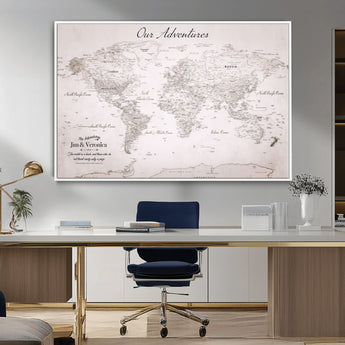 11706567-MGV-CV-36X24-Personalized World Map Wall Art – Minimalist Beige Adventure Travel Map with Custom Names, Elegant Push Pin Canvas for Couples,