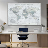 70605050-MGV-FC-36X24_White-Personalized World Map Wall Art – Cool Gray Adventure Travel Map with Custom Names, Elegant Push Pin Canvas for Couples, Family