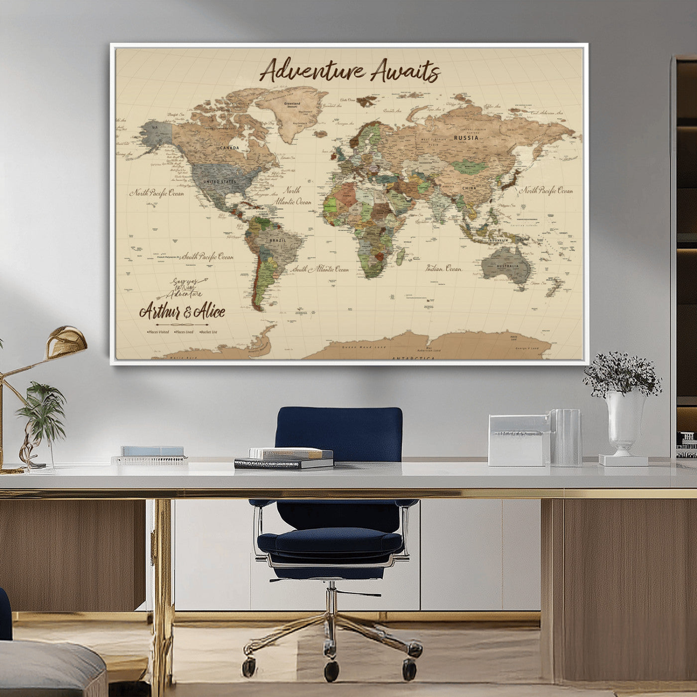 53442996-MGV-FC-36X24_White-Personalized World Map Wall Art – Adventure Awaits Vintage Travel Map with Custom Couple Names, Rustic Wall Decor for Home,