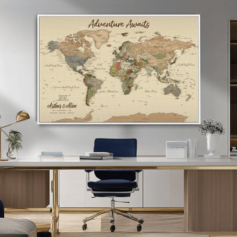 53442996-MGV-FC-36X24_White-Personalized World Map Wall Art – Adventure Awaits Vintage Travel Map with Custom Couple Names, Rustic Wall Decor for Home,