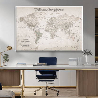93034948-MGV-CV-36X24-Personalized World Map Wall Art – Vintage Beige Adventure Travel Map with Custom Names, Elegant Push Pin Canvas for Couples,