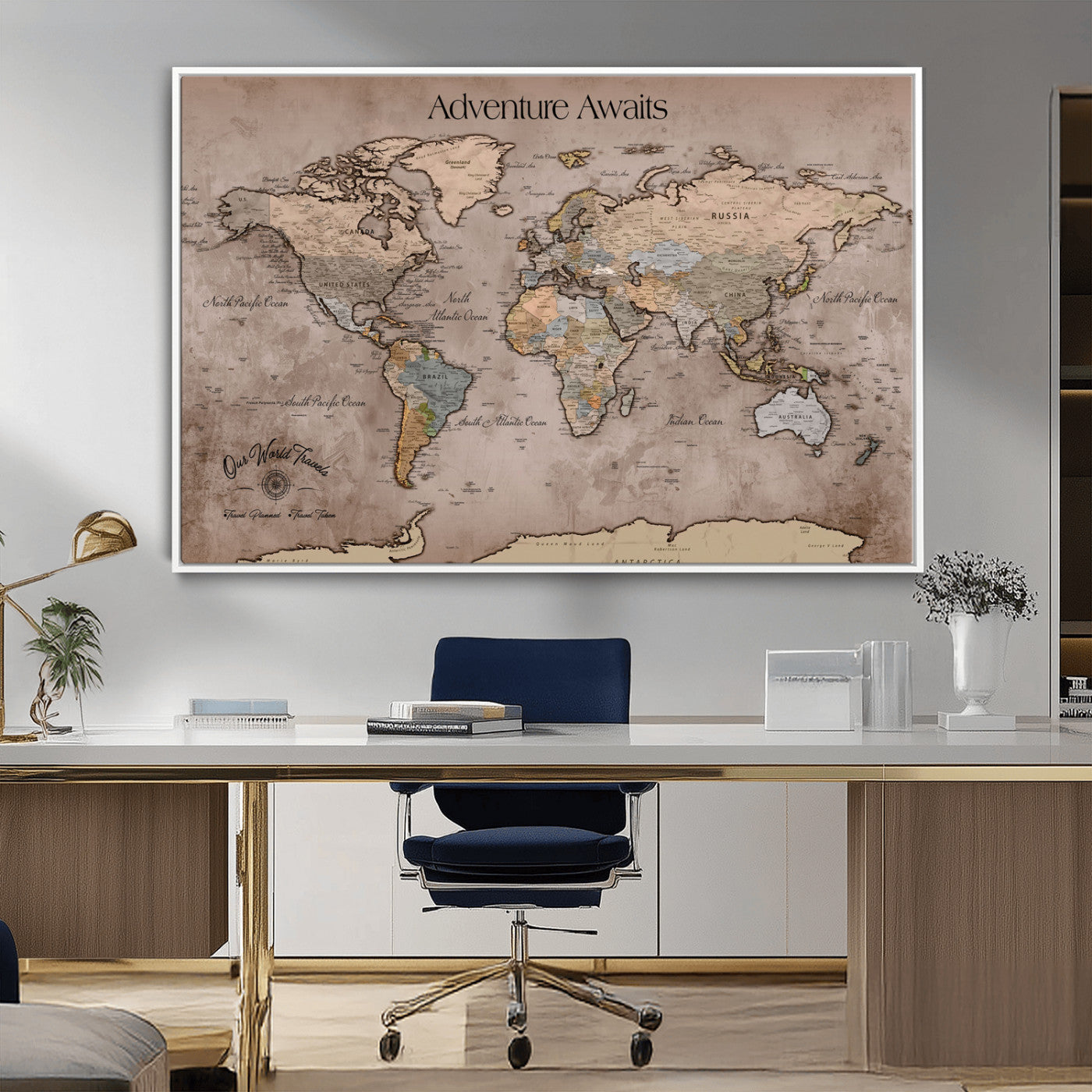 93226713-MGV-CV-36X24-Personalized World Map Wall Art – Adventure Awaits Rustic Earth-Tone Travel Map with Custom Names, Vintage Wall Decor for Couples,