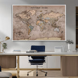 93226713-MGV-CV-36X24-Personalized World Map Wall Art – Adventure Awaits Rustic Earth-Tone Travel Map with Custom Names, Vintage Wall Decor for Couples,