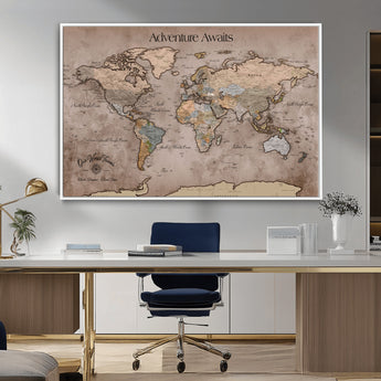 93226713-MGV-CV-36X24-Personalized World Map Wall Art – Adventure Awaits Rustic Earth-Tone Travel Map with Custom Names, Vintage Wall Decor for Couples,