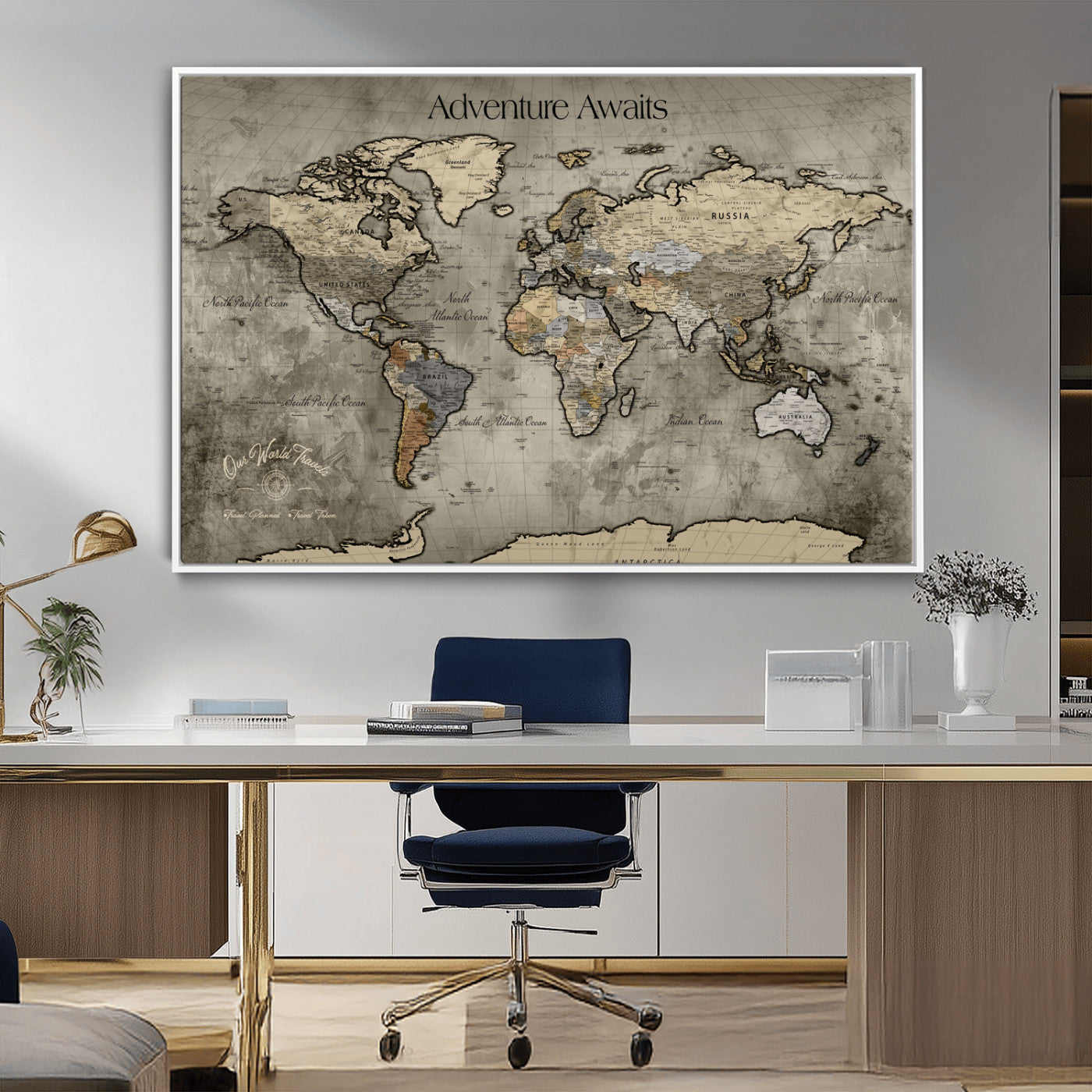 72658967-MGV-CV-36X24-Personalized World Map Wall Art – Adventure Awaits Rustic Sepia Travel Map with Custom Names, Vintage Wall Decor for Couples, Home