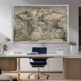 72658967-MGV-CV-36X24-Personalized World Map Wall Art – Adventure Awaits Rustic Sepia Travel Map with Custom Names, Vintage Wall Decor for Couples, Home