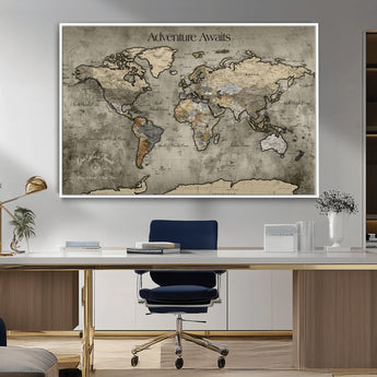 72658967-MGV-CV-36X24-Personalized World Map Wall Art – Adventure Awaits Rustic Sepia Travel Map with Custom Names, Vintage Wall Decor for Couples, Home
